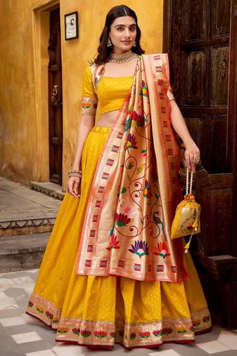 Yellow  Paithani Silk Zari Weaving Lehenga Choli with Jacquard Dupatta & Batwa