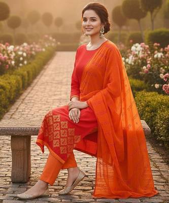 Red color cotton slub fabric designer casual suit with embroidery 2