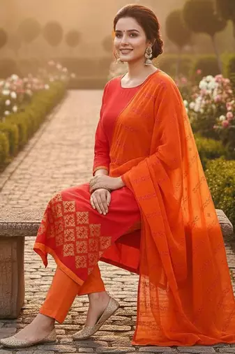 Red color cotton slub fabric designer casual suit with embroidery