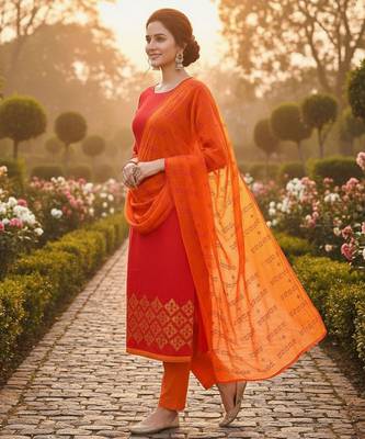 Red color cotton slub fabric designer casual suit with embroidery 3