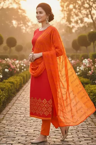 Red color cotton slub fabric designer casual suit with embroidery
