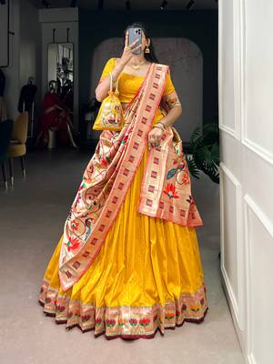 Yellow  Paithani Silk Zari Weaving Lehenga Choli with Jacquard Dupatta & Batwa 2