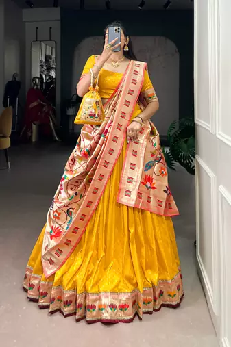 Yellow  Paithani Silk Zari Weaving Lehenga Choli with Jacquard Dupatta & Batwa