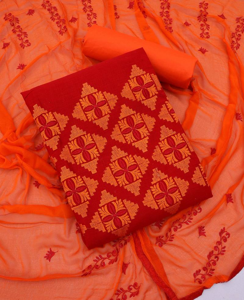Red color cotton slub fabric designer casual suit with embroidery