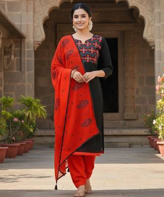 Black color cotton slub fabric designer casual suit with embroidery 1