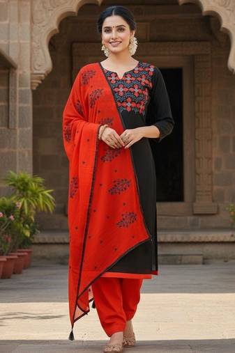 Black color cotton slub fabric designer casual suit with embroidery