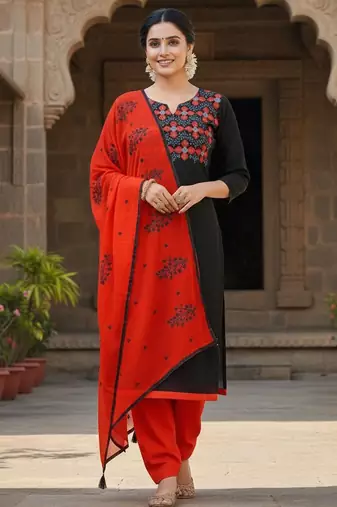 Black color cotton slub fabric designer casual suit with embroidery