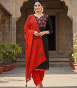 Black color cotton slub fabric designer casual suit with embroidery