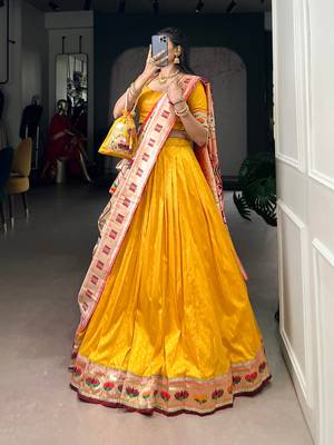 Yellow  Paithani Silk Zari Weaving Lehenga Choli with Jacquard Dupatta & Batwa 3