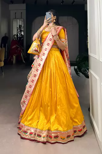 Yellow  Paithani Silk Zari Weaving Lehenga Choli with Jacquard Dupatta & Batwa