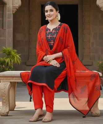 Black color cotton slub fabric designer casual suit with embroidery 2