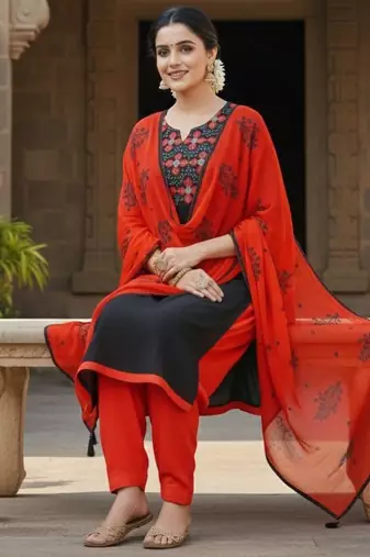 Black color cotton slub fabric designer casual suit with embroidery