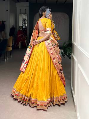Yellow  Paithani Silk Zari Weaving Lehenga Choli with Jacquard Dupatta & Batwa 4