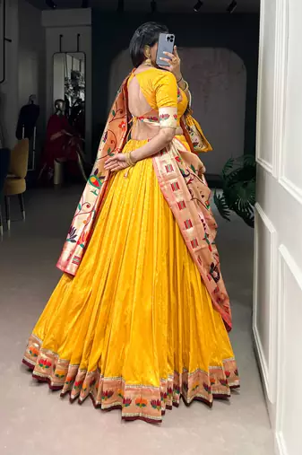 Yellow  Paithani Silk Zari Weaving Lehenga Choli with Jacquard Dupatta & Batwa