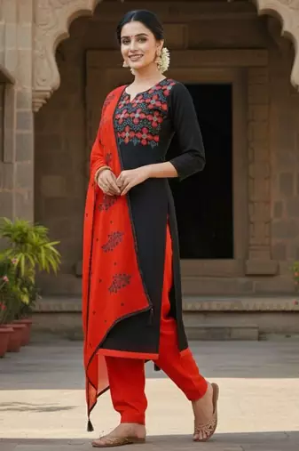 Black color cotton slub fabric designer casual suit with embroidery