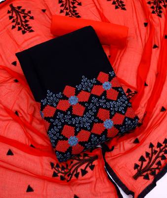 Black color cotton slub fabric designer casual suit with embroidery 4