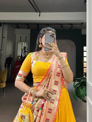 Yellow  Paithani Silk Zari Weaving Lehenga Choli with Jacquard Dupatta & Batwa 5