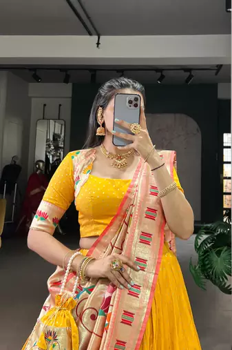Yellow  Paithani Silk Zari Weaving Lehenga Choli with Jacquard Dupatta & Batwa