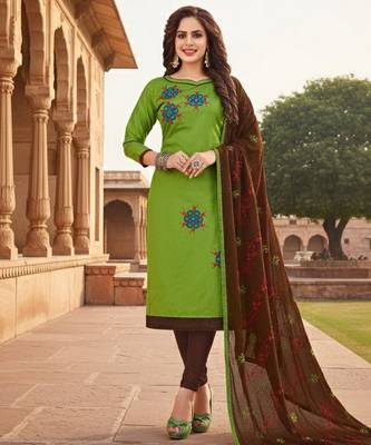 Green color cotton slub fabric designer casual suit with embroidery 1
