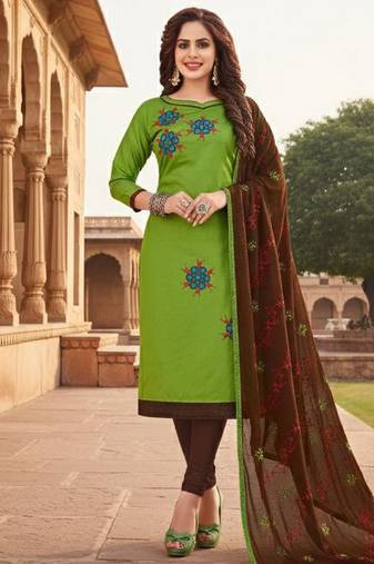 Green color cotton slub fabric designer casual suit with embroidery