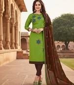 Green color cotton slub fabric designer casual suit with embroidery