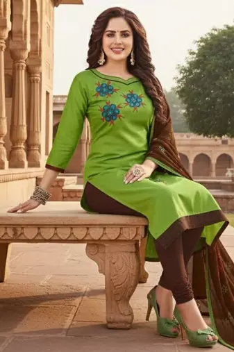 Green color cotton slub fabric designer casual suit with embroidery