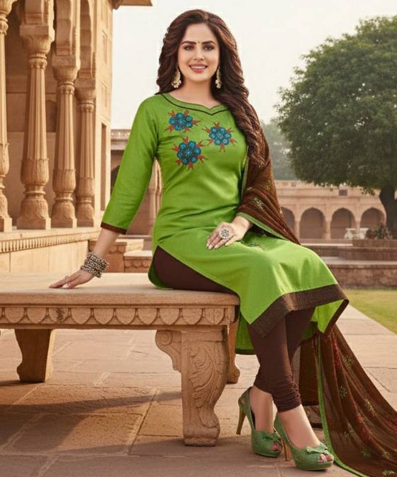 Green color cotton slub fabric designer casual suit with embroidery