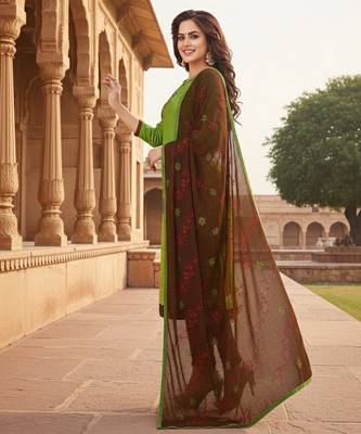 Green color cotton slub fabric designer casual suit with embroidery 3