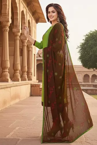 Green color cotton slub fabric designer casual suit with embroidery