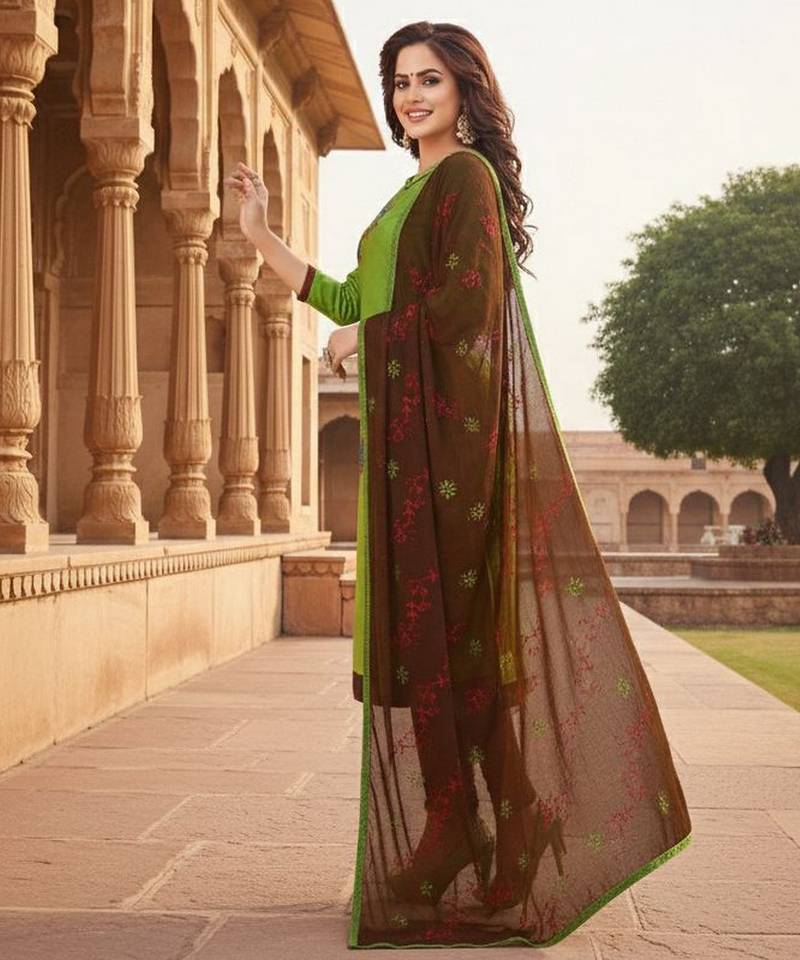 Green color cotton slub fabric designer casual suit with embroidery