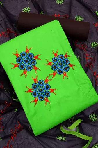 Green color cotton slub fabric designer casual suit with embroidery