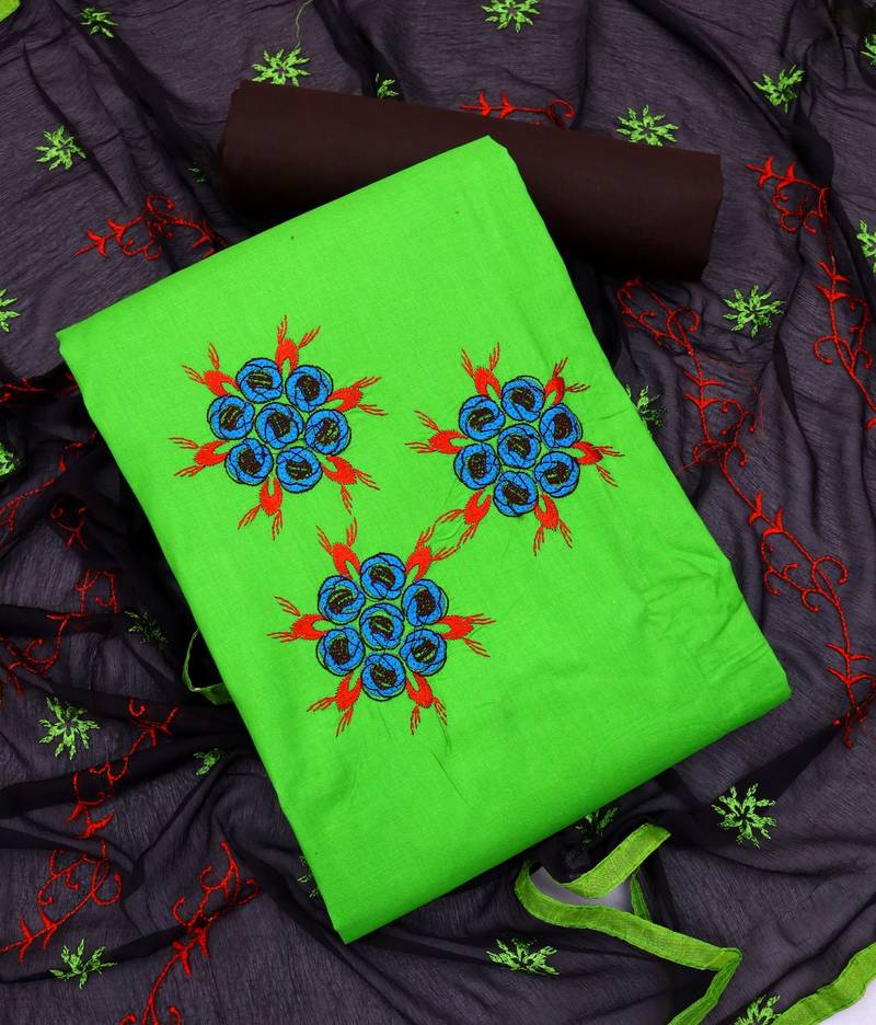Green color cotton slub fabric designer casual suit with embroidery