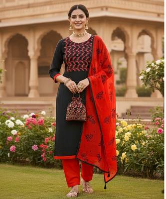 Black color cotton slub fabric designer casual suit with embroidery 1