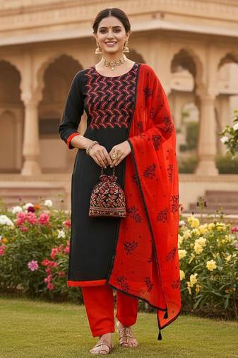 Black color cotton slub fabric designer casual suit with embroidery