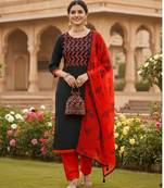 Black color cotton slub fabric designer casual suit with embroidery