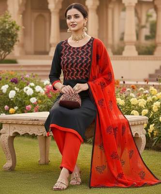 Black color cotton slub fabric designer casual suit with embroidery 2