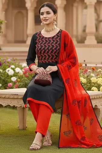 Black color cotton slub fabric designer casual suit with embroidery