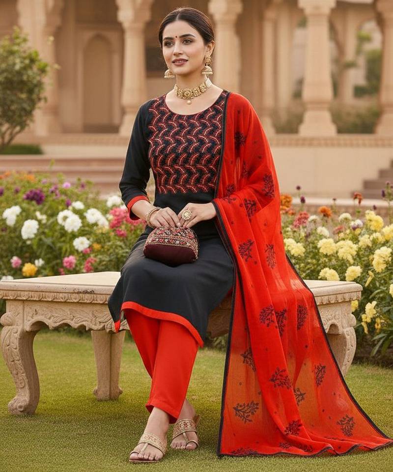 Black color cotton slub fabric designer casual suit with embroidery
