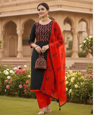 Black color cotton slub fabric designer casual suit with embroidery 3