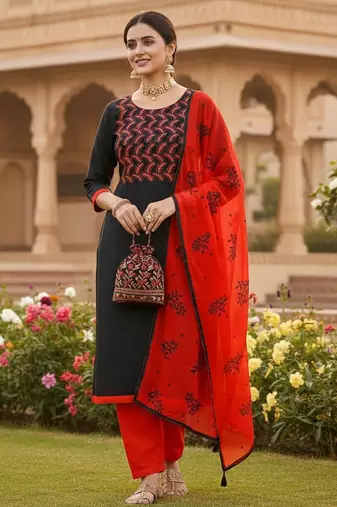 Black color cotton slub fabric designer casual suit with embroidery