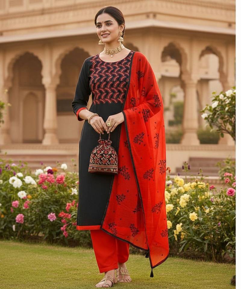 Black color cotton slub fabric designer casual suit with embroidery