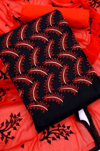 Black color cotton slub fabric designer casual suit with embroidery