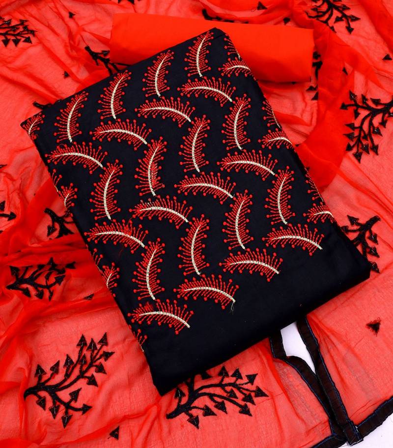 Black color cotton slub fabric designer casual suit with embroidery