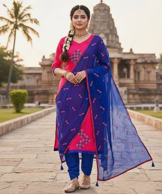 Pink color cotton slub fabric designer casual suit with embroidery 1