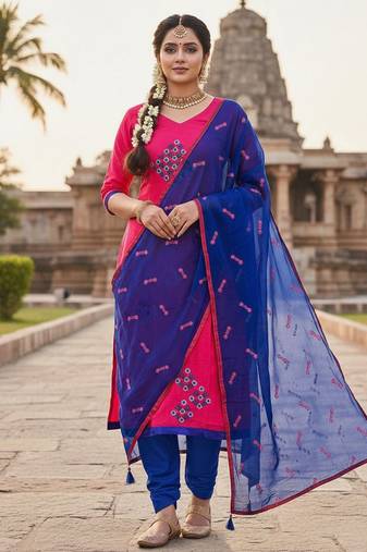 Pink color cotton slub fabric designer casual suit with embroidery