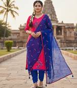 Pink color cotton slub fabric designer casual suit with embroidery