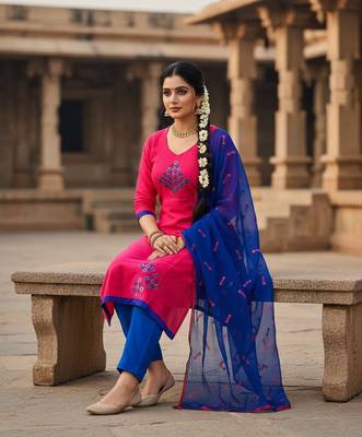 Pink color cotton slub fabric designer casual suit with embroidery 2