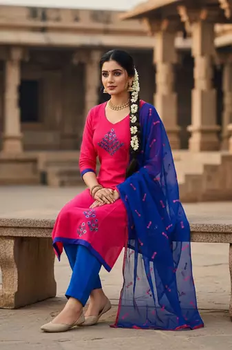 Pink color cotton slub fabric designer casual suit with embroidery