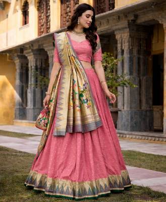 Pink Paithani Silk Zari Weaving Lehenga Choli with Jacquard Dupatta & Batwa 3