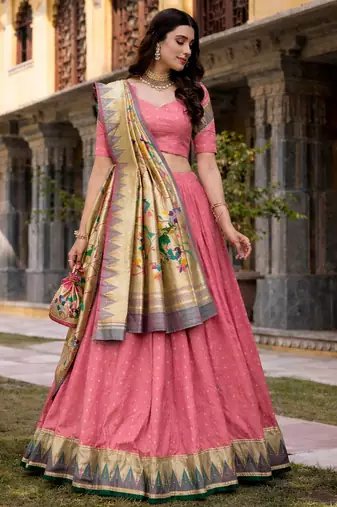 Pink Paithani Silk Zari Weaving Lehenga Choli with Jacquard Dupatta & Batwa
